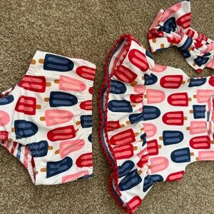 Girls' Popsicle Print Two-Piece Swim Set with Headband - Pink, Red & Navy